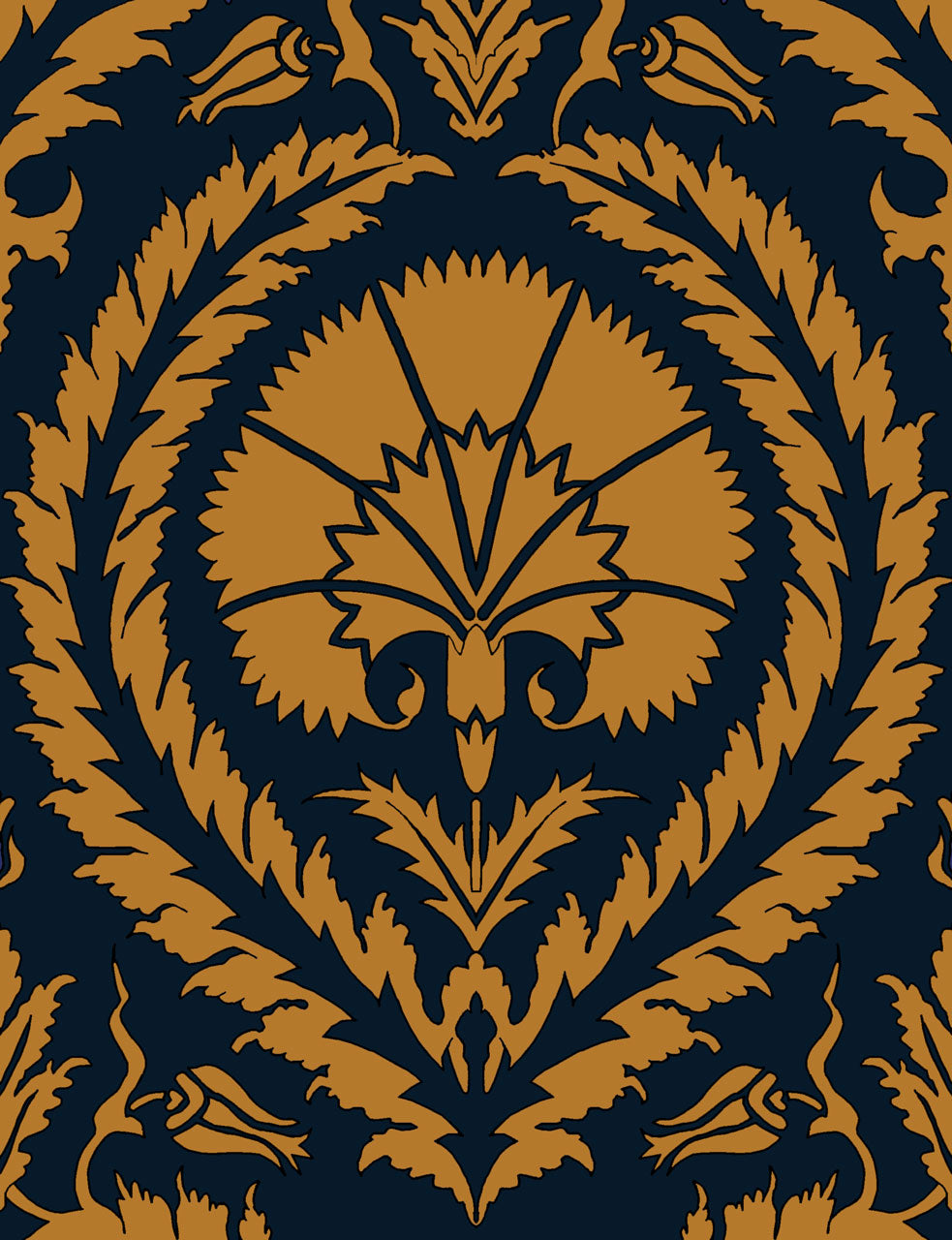 Wallpaper Acanthus And Wreath Ochre On Blue - £37.50 per sq metre