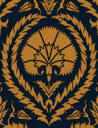 Wallpaper Acanthus And Wreath Ochre On Blue - £37.50 per sq metre