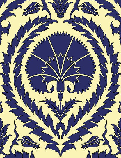 Wallpaper Acanthus and Wreath Blue On Yellow - £37.50 per sq metre