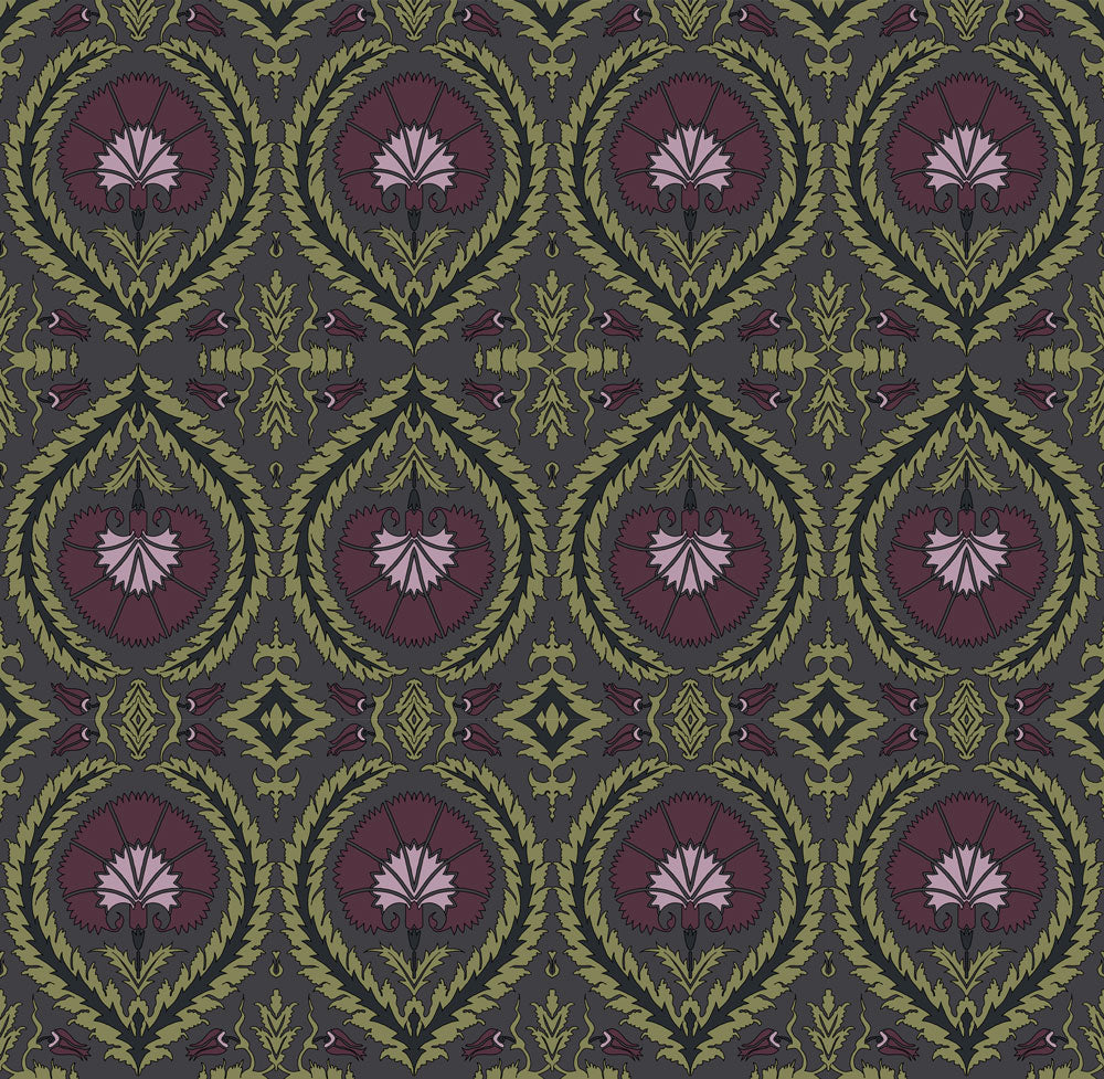 Wallpaper Acanthus and Wreath Grape and Green on Coffee - £37.50 per sq metre