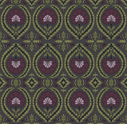 Wallpaper Acanthus and Wreath Grape and Green on Coffee - £37.50 per sq metre