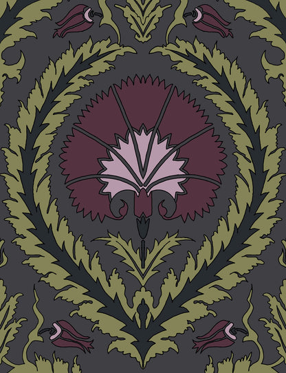 Wallpaper Acanthus and Wreath Grape and Green on Coffee - £37.50 per sq metre