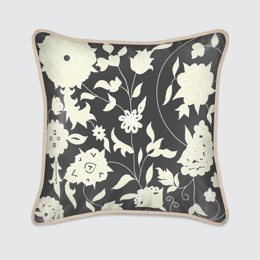 Silk Cushion - Cream Carpet Flowers on Charcoal