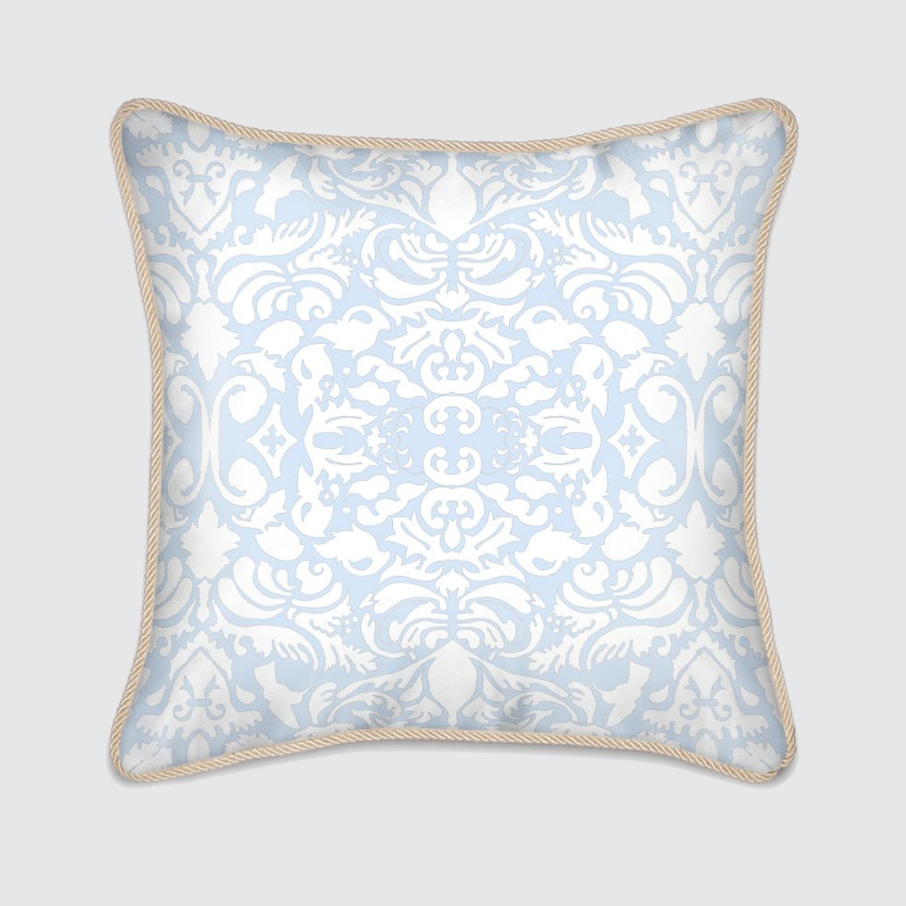 Silk Cushion - White Hummingbird Damask on Pale Blue