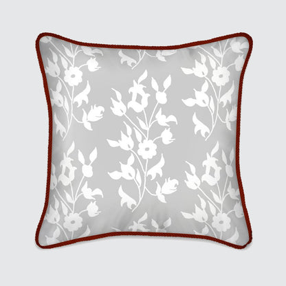 Silk Cushion - White Foliage On Grey