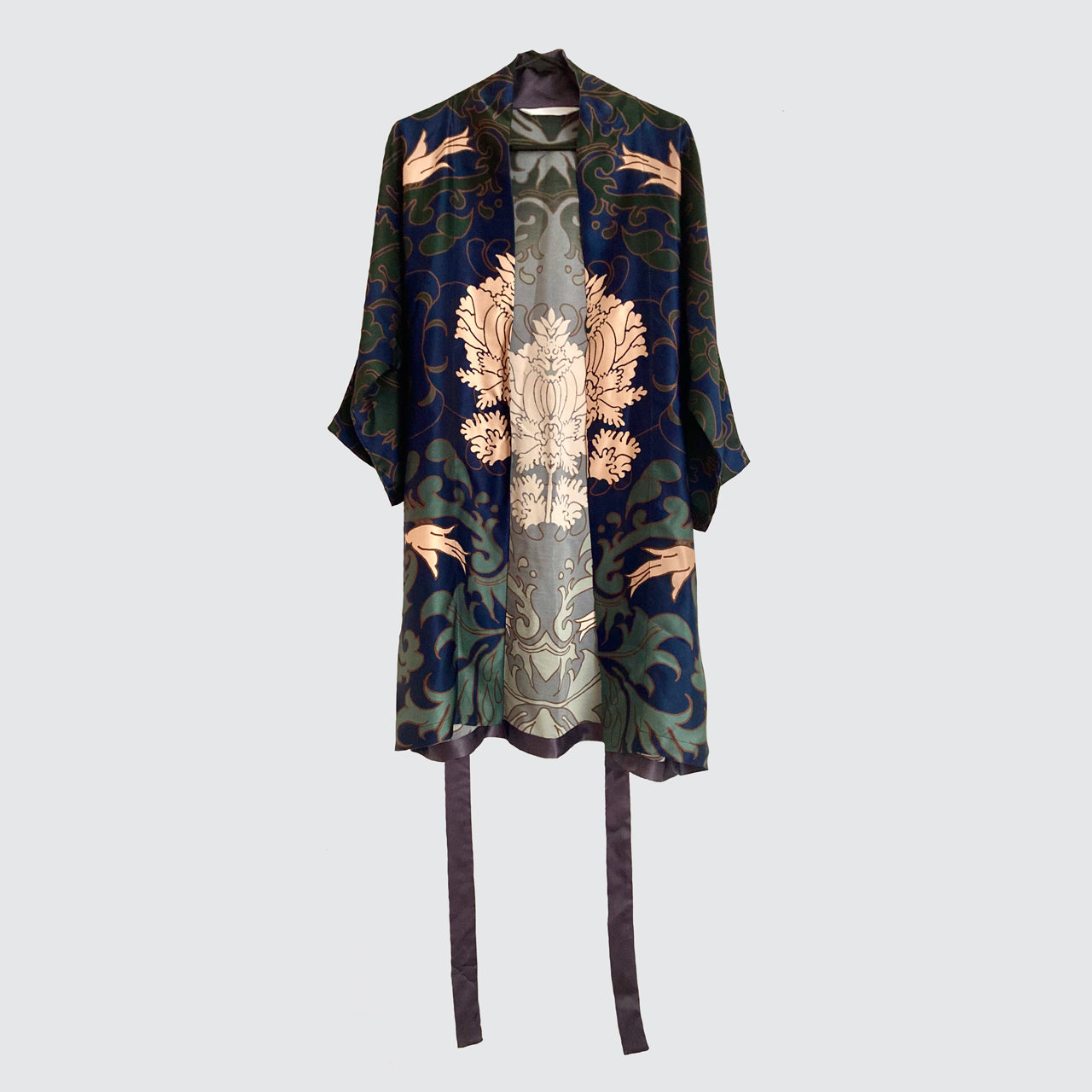 Kimono Silk Robe - Blue and Green Damask