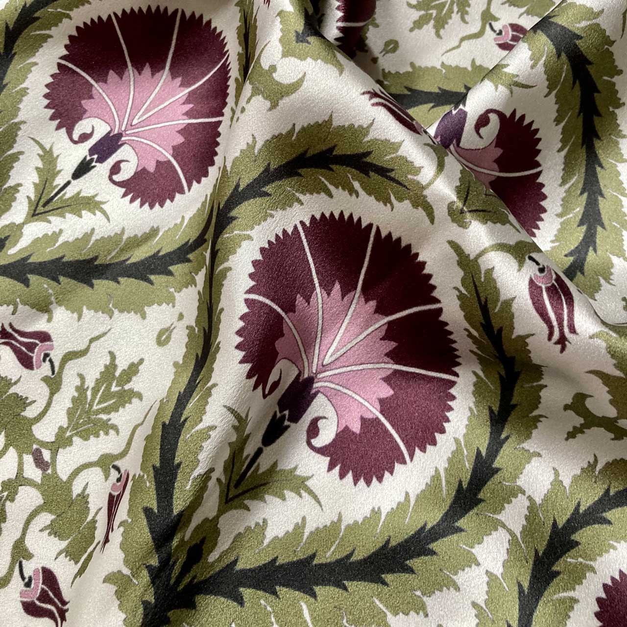 an acanthus and wreath pattern in purple green and white printed on a real silk kimono