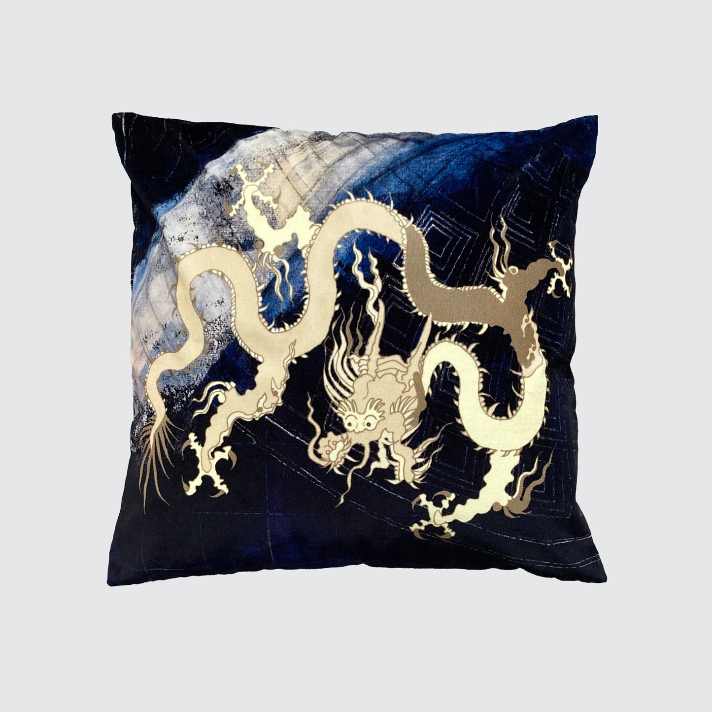 Velvet Cushion - Golden Dragon on Blue Pantheon