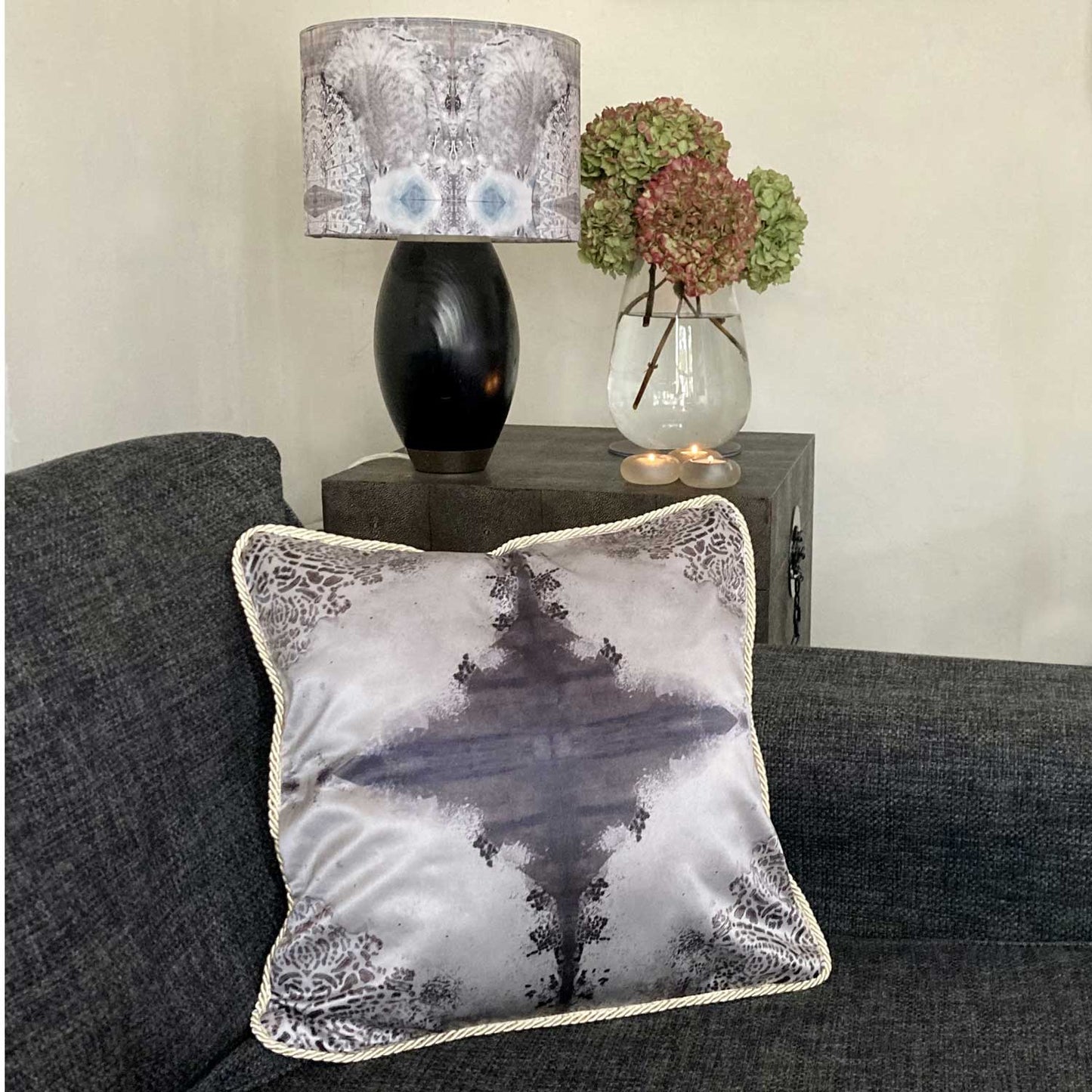 Silk Cushion - Burano Lace White And Purple Greys