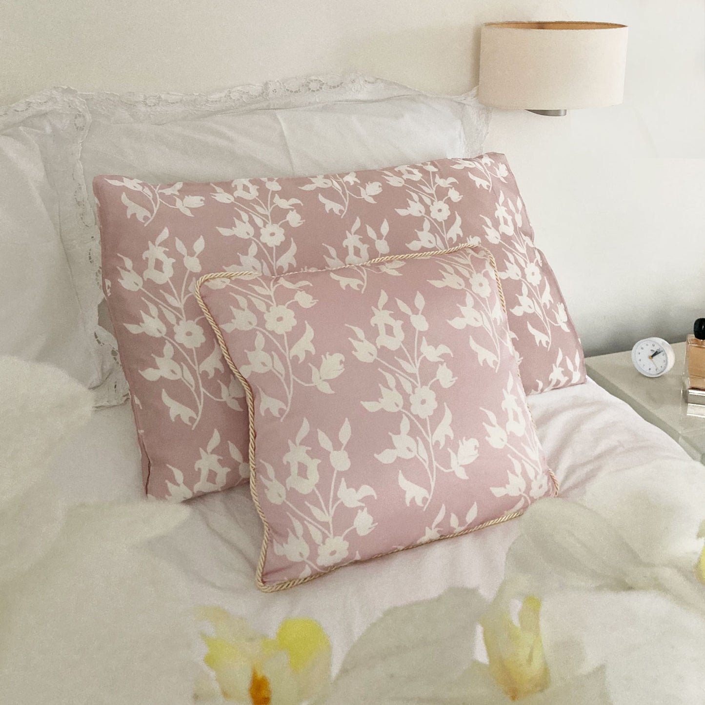 Silk Cushion - Pink With White Foliage