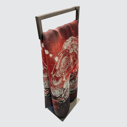 Silk Scarf - Red With Line Roses - Hand-Rolled Hems