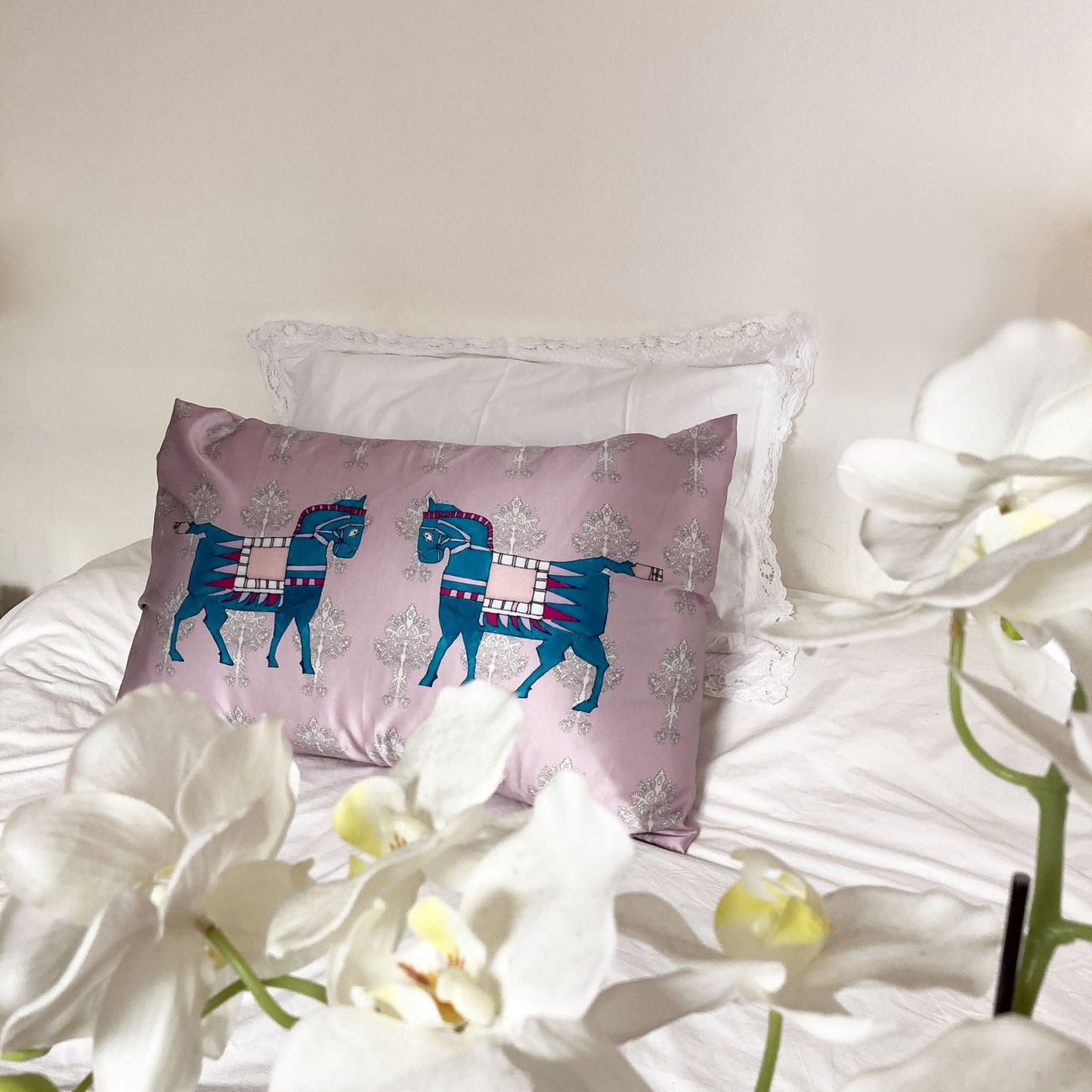 Silk Pillowcase - Pink With Horse Design