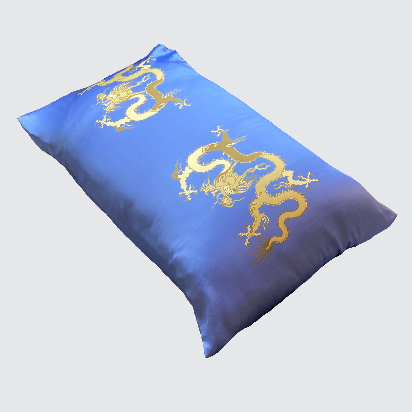 Silk Pillowcase - Blue With Golden Dragon Design
