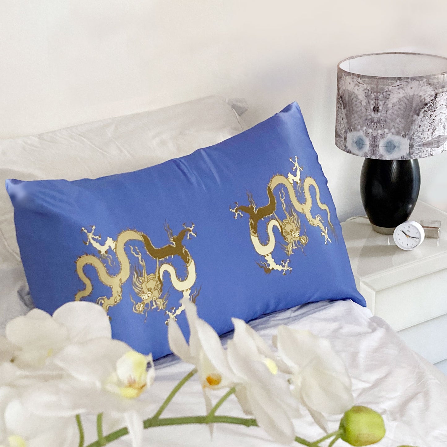 Silk Pillowcase - Blue With Golden Dragon Design