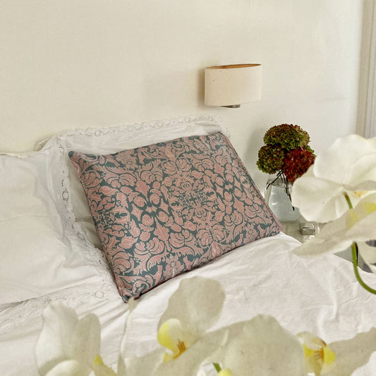 Silk Pillowcase - Hummingbird Damask In Pink And Sage Green