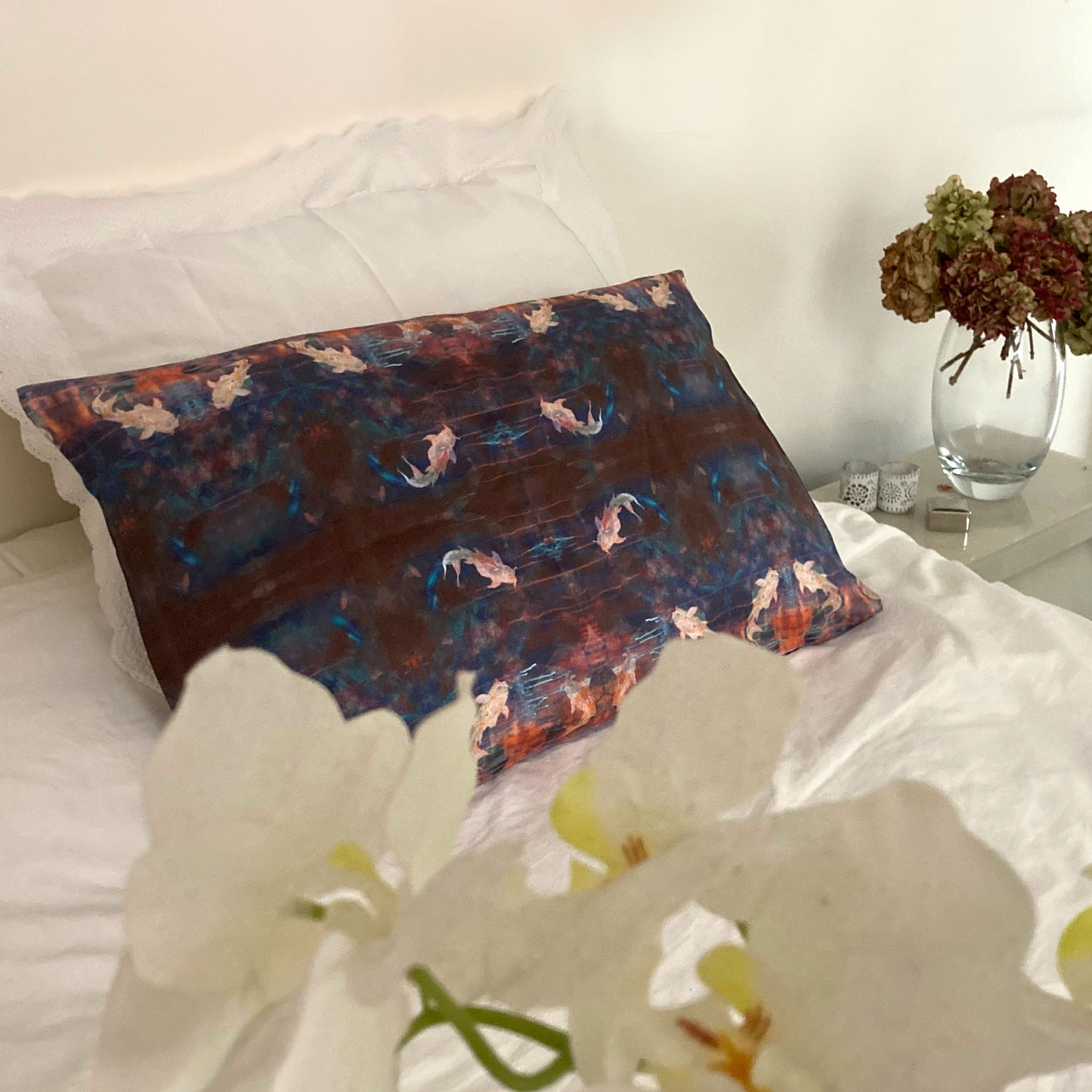 Silk Pillowcase - Blue Orange With Koi Fish Design