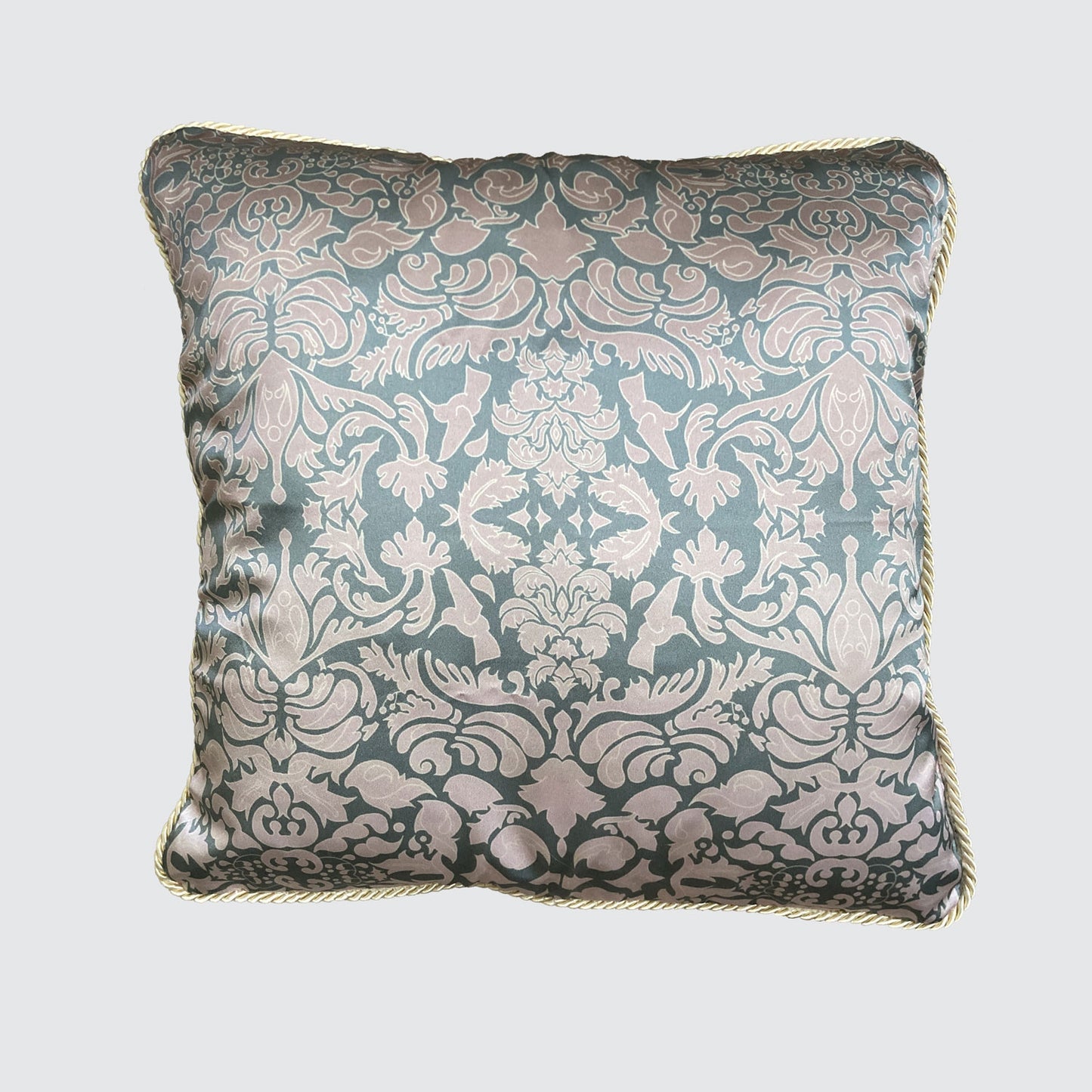 Silk Cushion - Hummingbird Damask Design In Pink And Sage Green