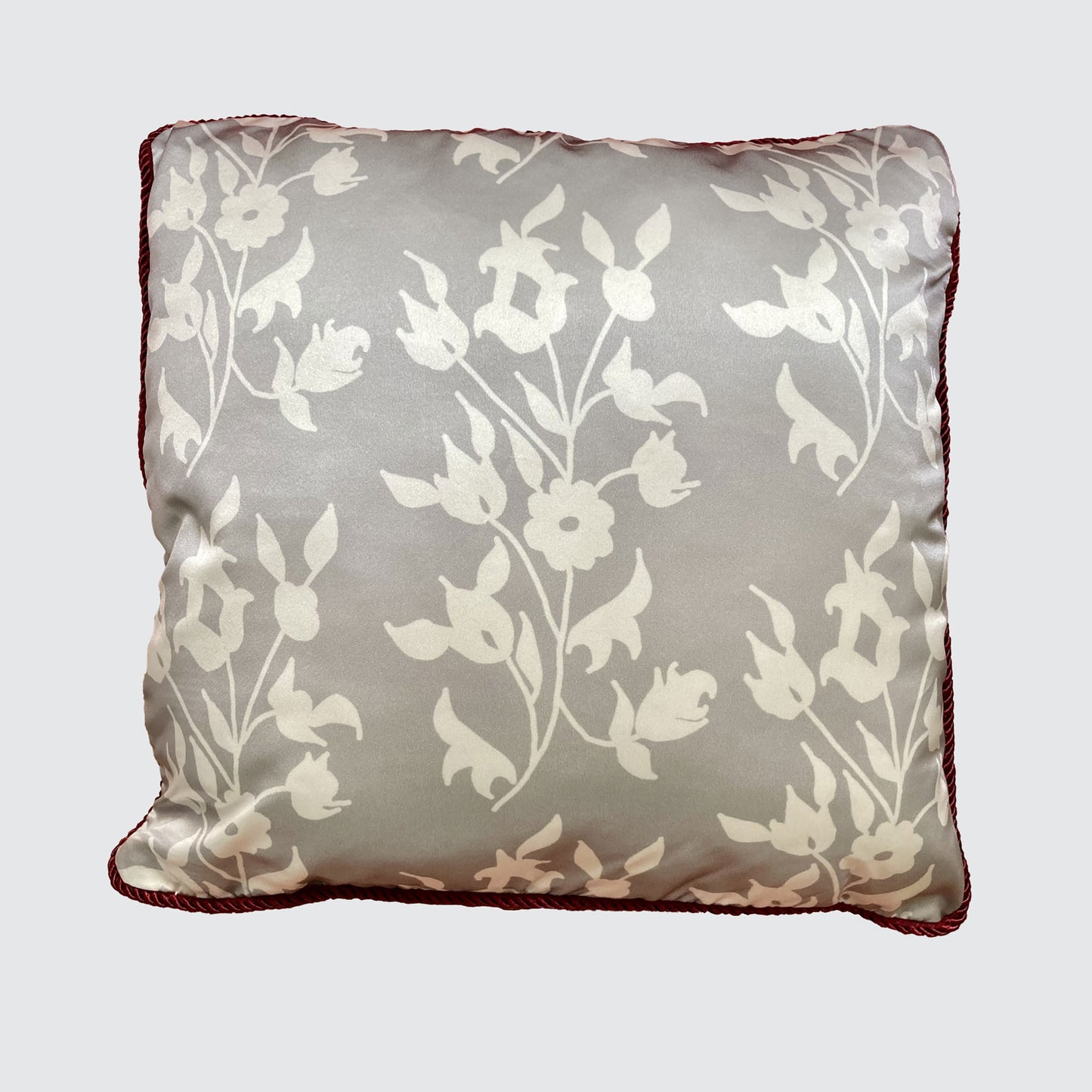 Silk Cushion - White Foliage On Grey