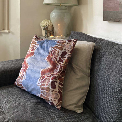 Velvet Cushion - Orange Blue Rose Detail