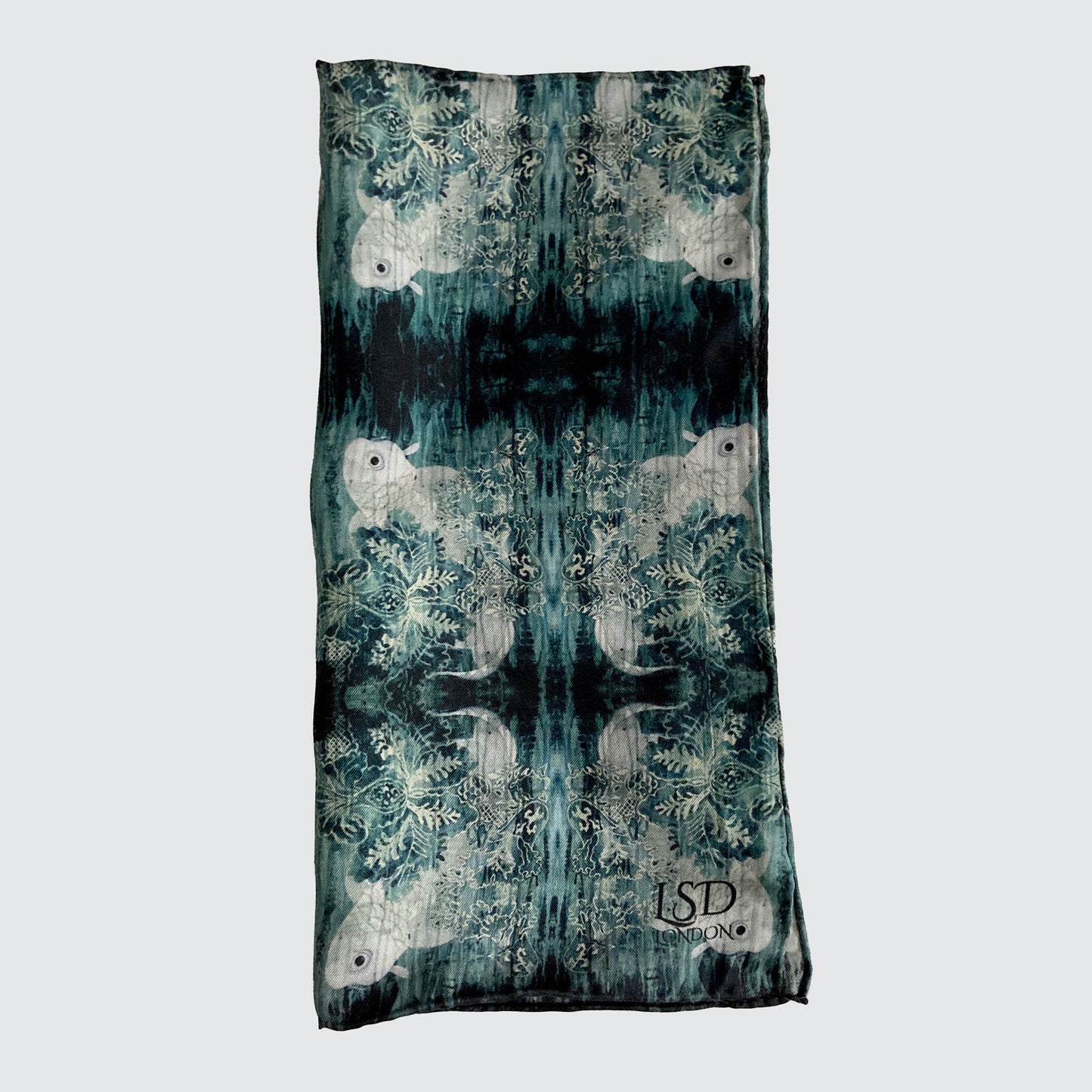 Silk Pocket Square - Green With Koi Design - Machined Hem