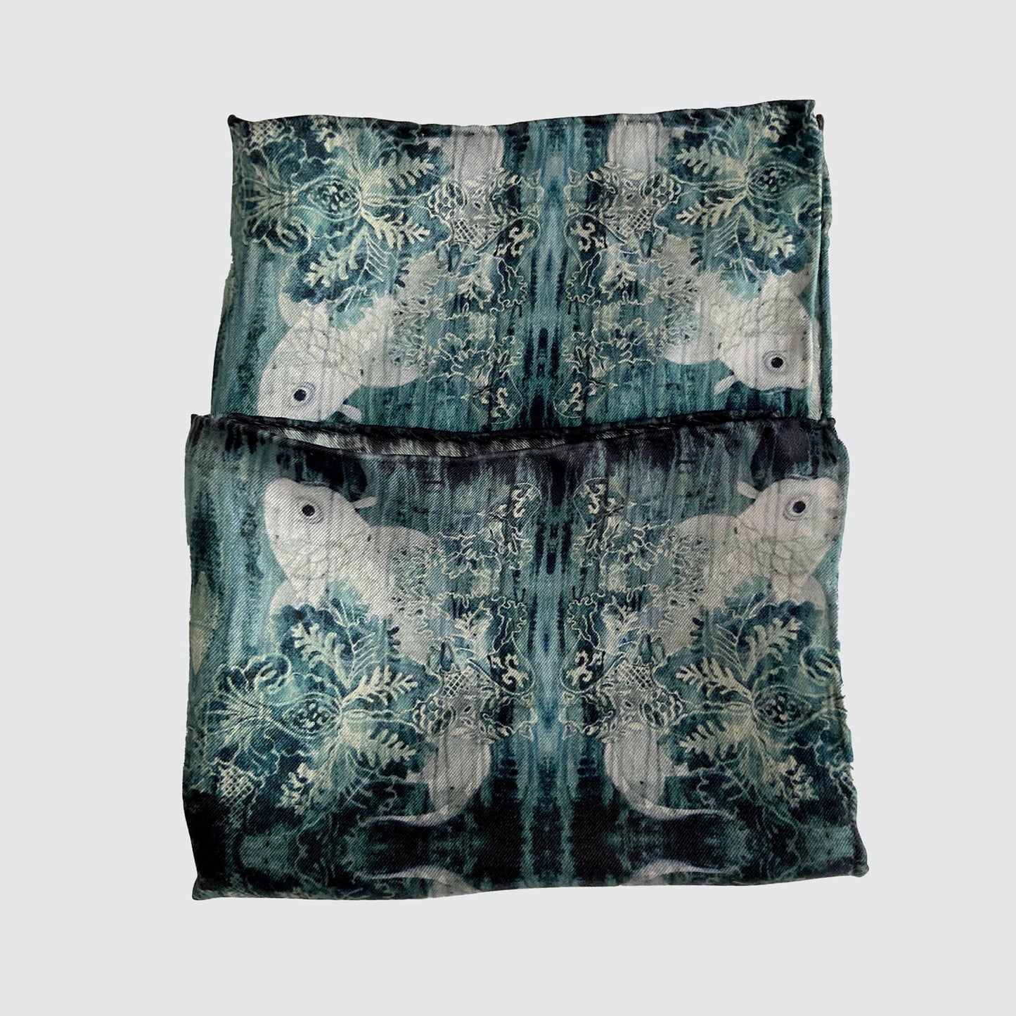 Silk Pocket Square - Green With Koi Design - Machined Hem
