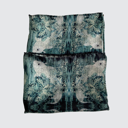 Silk Pocket Square - Green With Koi Design - Machined Hem