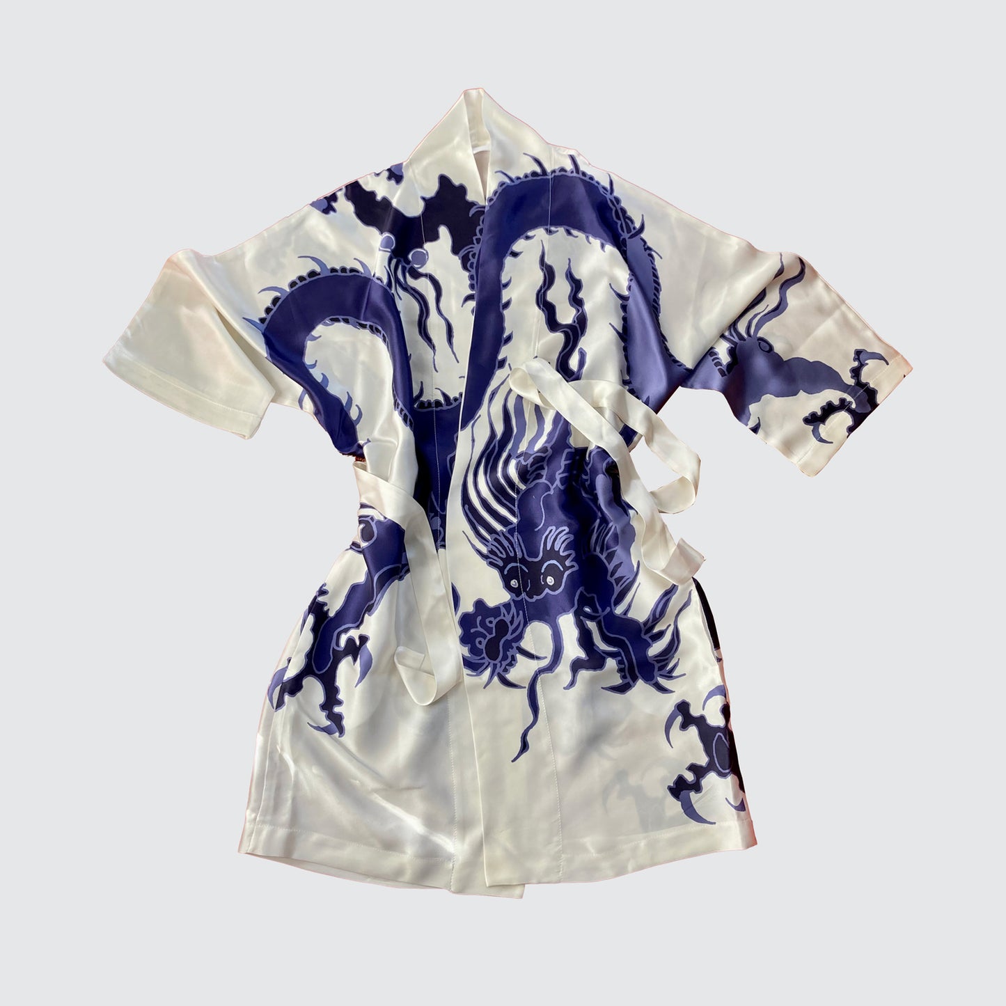 Kimono Silk Robe - Blue Dragon On White