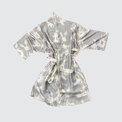 Kimono Silk Robe - Grey With White Foliage