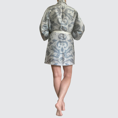 Kimono Silk Robe - Hummingbird Damask Blue On Blue