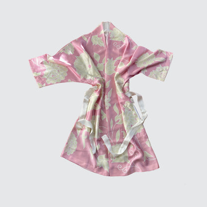 Kimono Silk Robe - Pink With Cream Floral Design