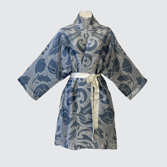 Kimono Silk Robe - Hummingbird Damask Blue On Blue