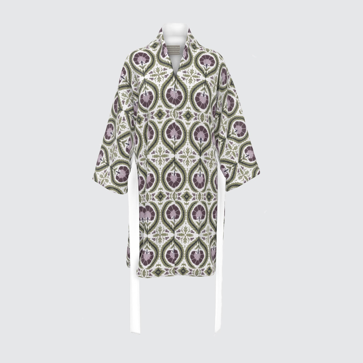 view of a kimono with a purple green and white pattern of acanthus flowers and wreaths