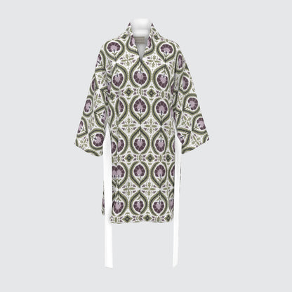 view of a kimono with a purple green and white pattern of acanthus flowers and wreaths