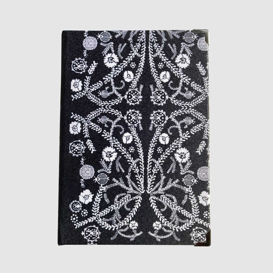 Satin hardback covered Journal with blank pages. Black with White Foliage design.