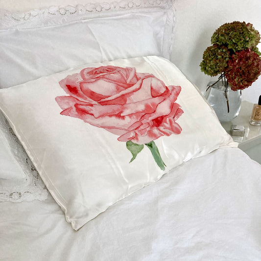 Silk Pillowcase With Red Watercolour Rose