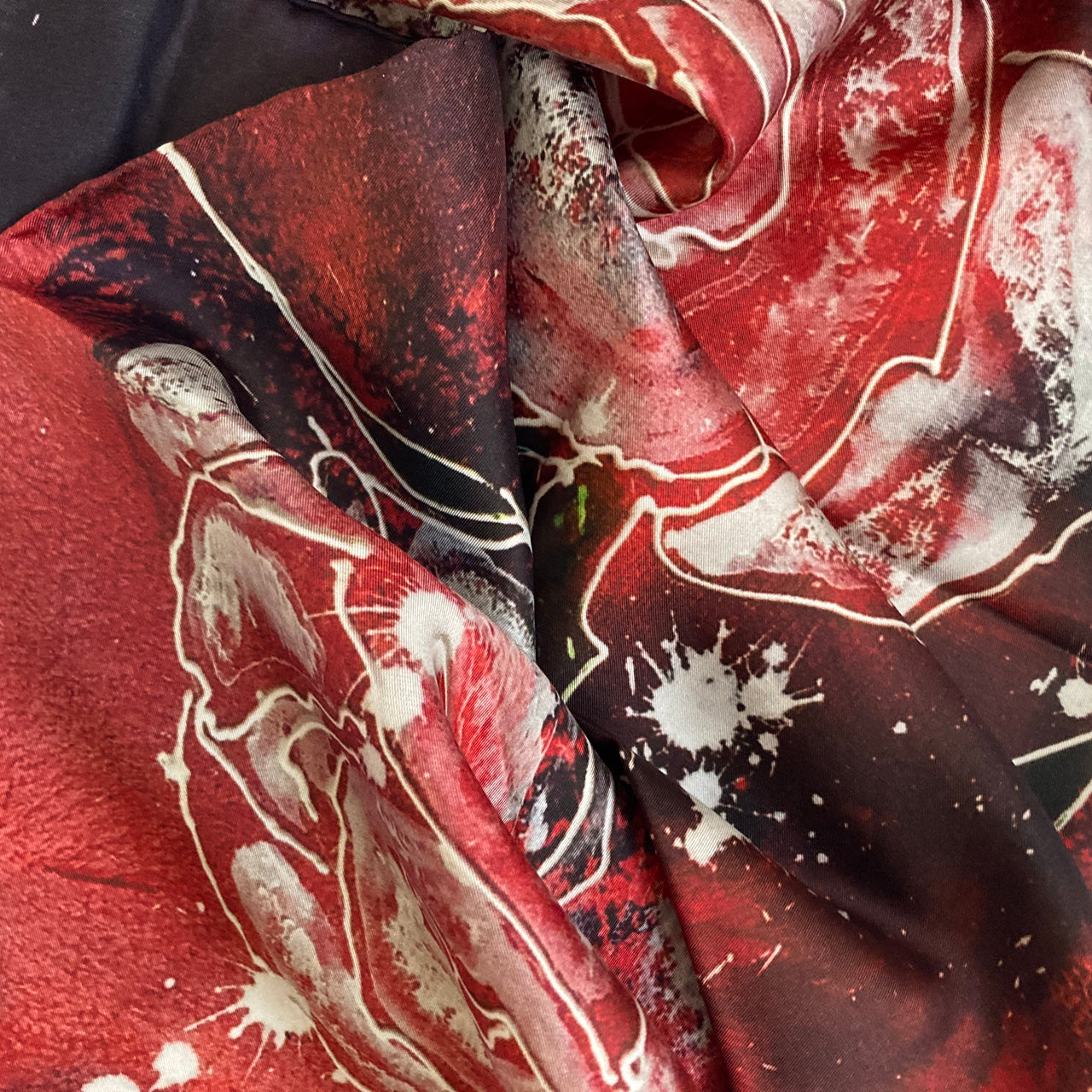 Silk Scarf - Red With Line Roses - Hand-Rolled Hems