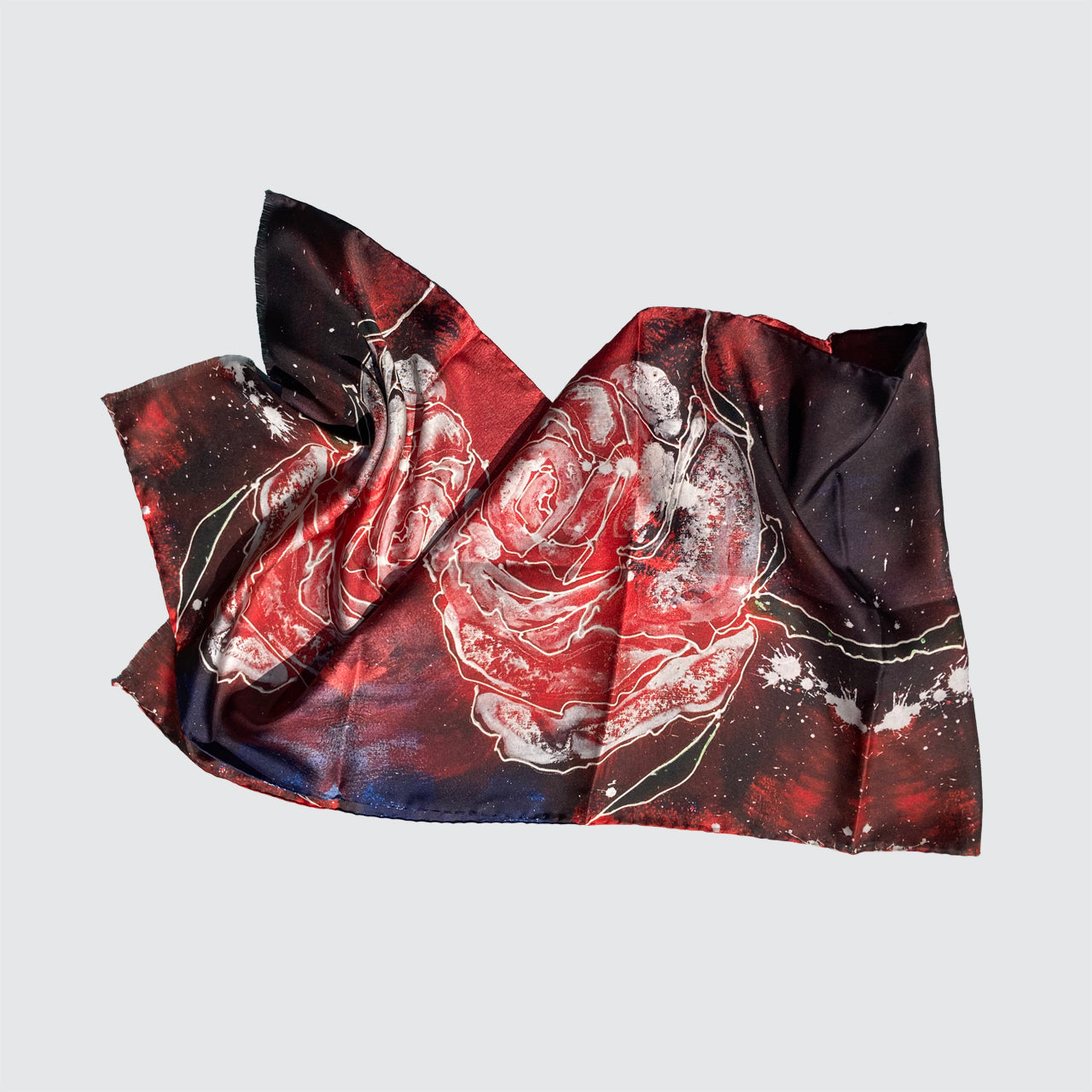 Silk Scarf - Red With Line Roses - Hand-Rolled Hems