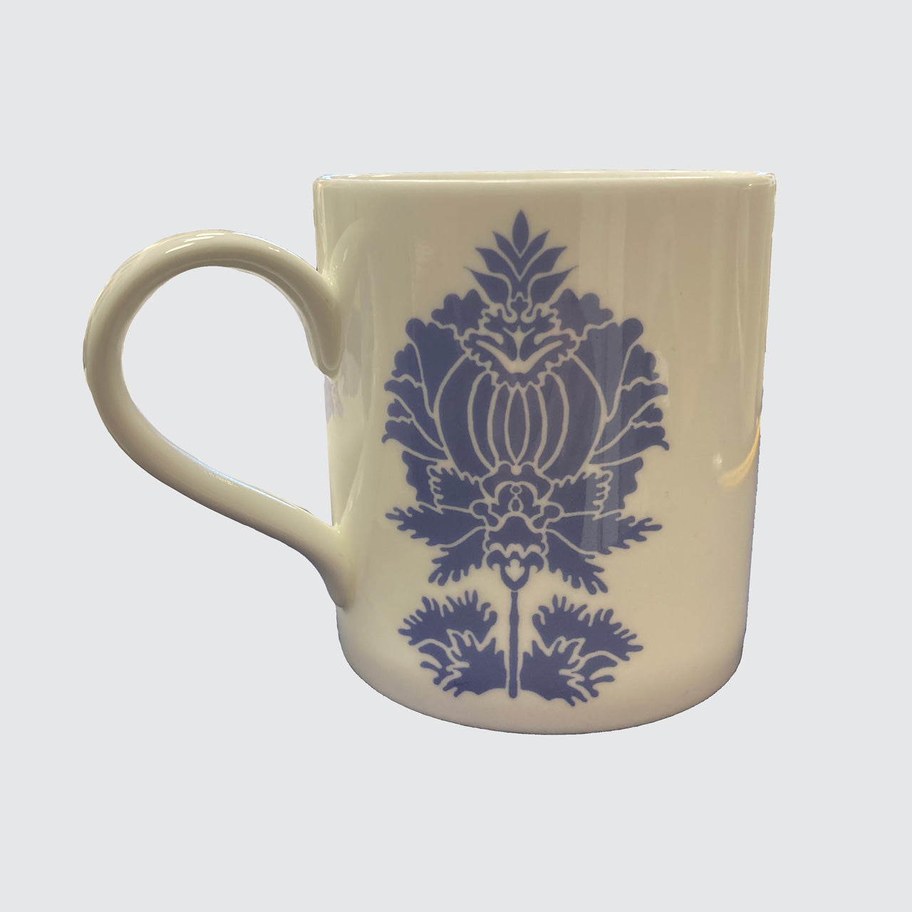 White Bone China Mug with Peri Blue Suzani Flower