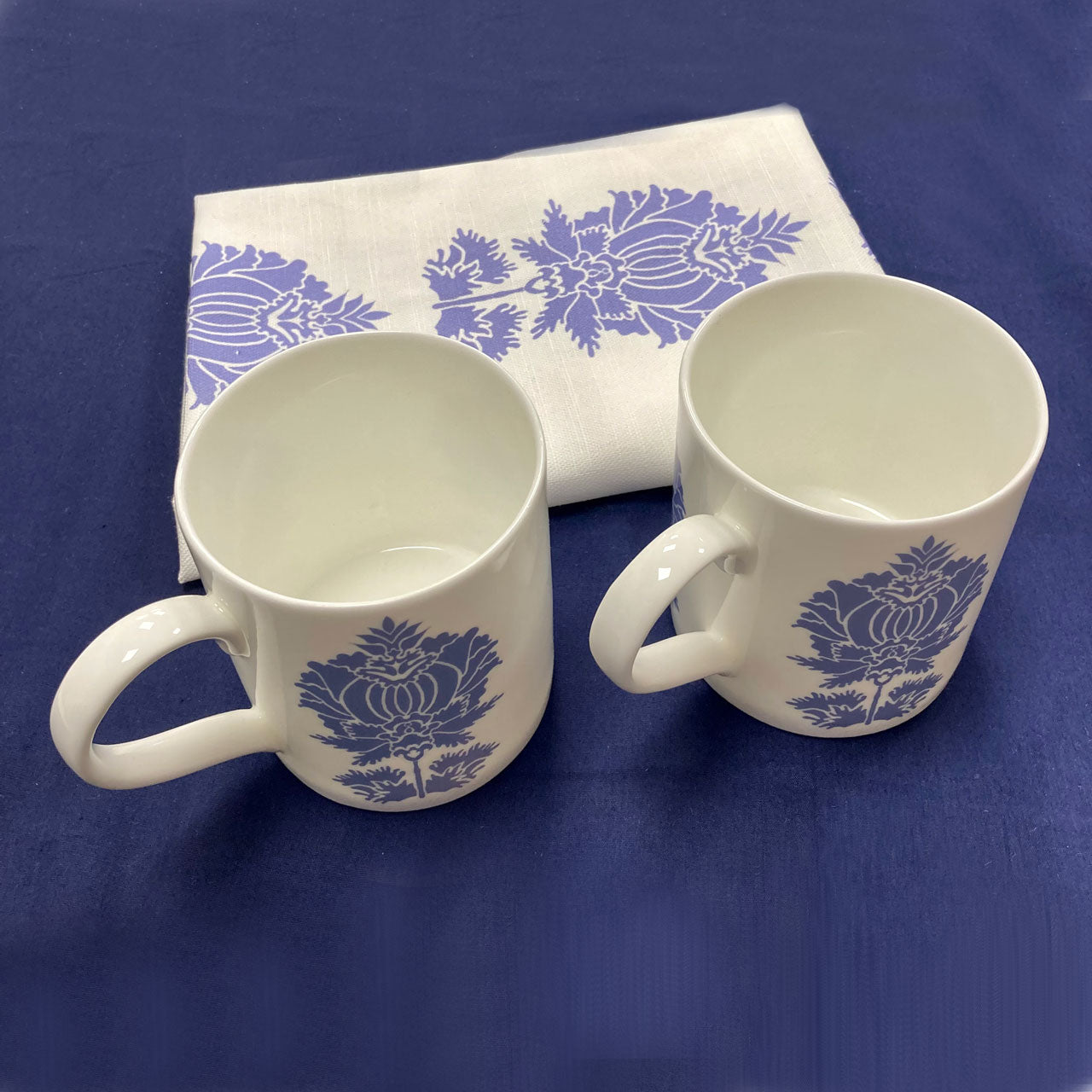 White Bone China Mug with Peri Blue Suzani Flower