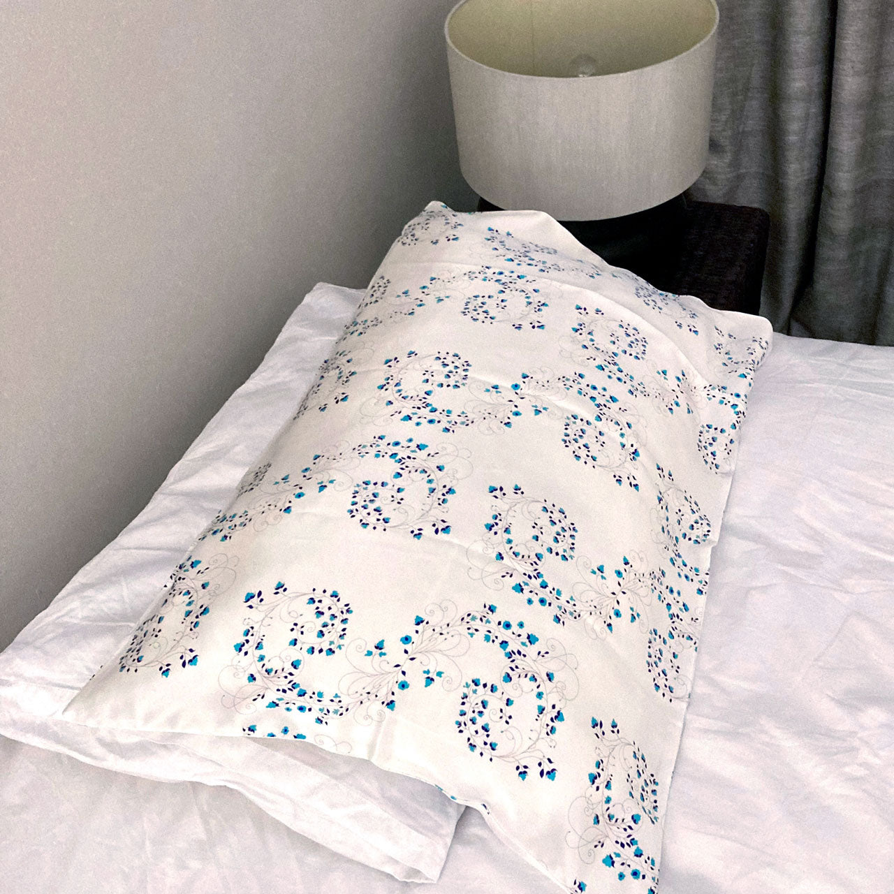 Silk Pillowcase - White With Fibonacci Turquoise Flowers