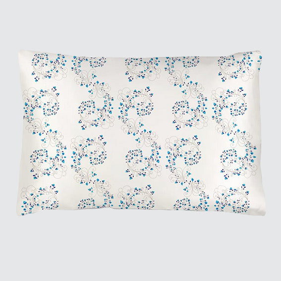 Silk Pillowcase - White With Fibonacci Turquoise Flowers