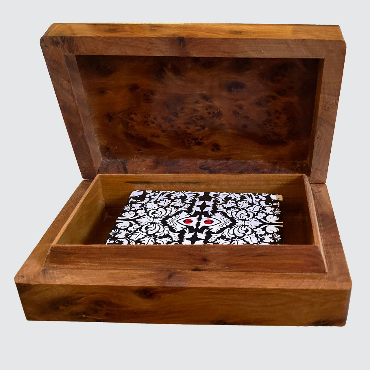 Presentation Burl Wood Box And Damask Playing Card Pack