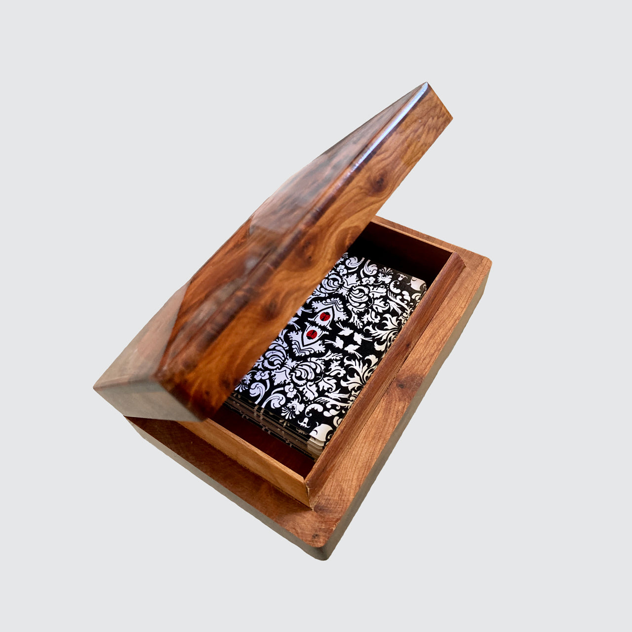 Presentation Burl Wood Box And Damask Playing Card Pack