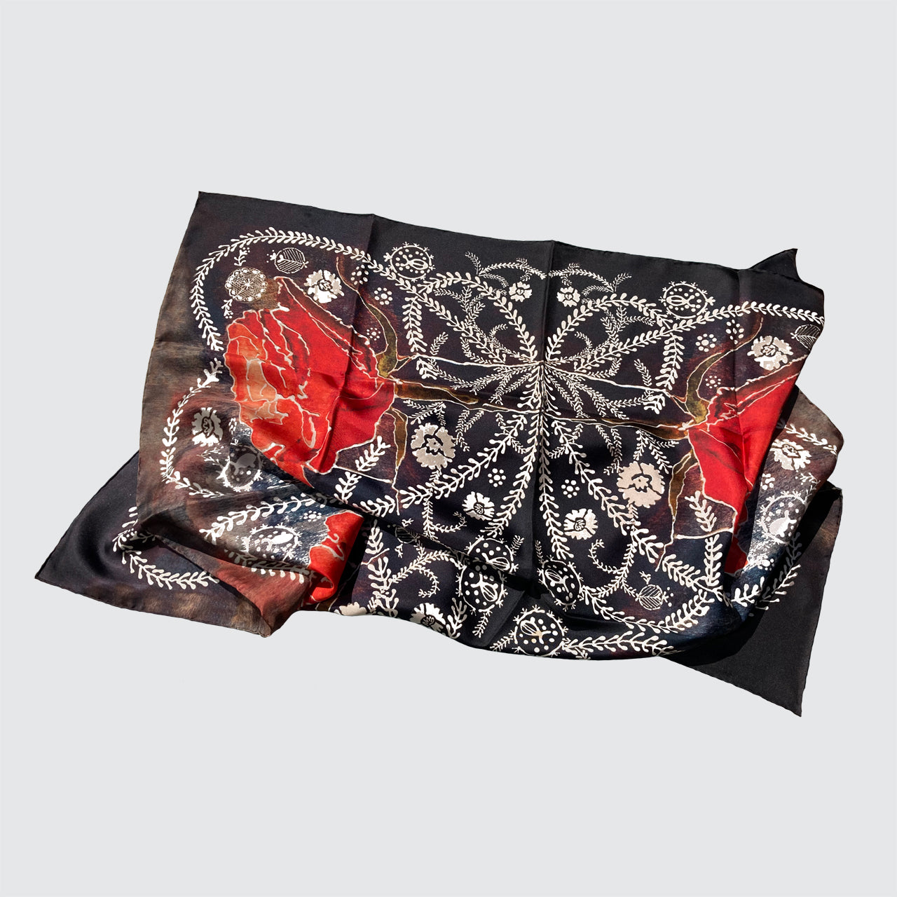 Silk Scarf With Roses And Foliage - Hand-Rolled Hems