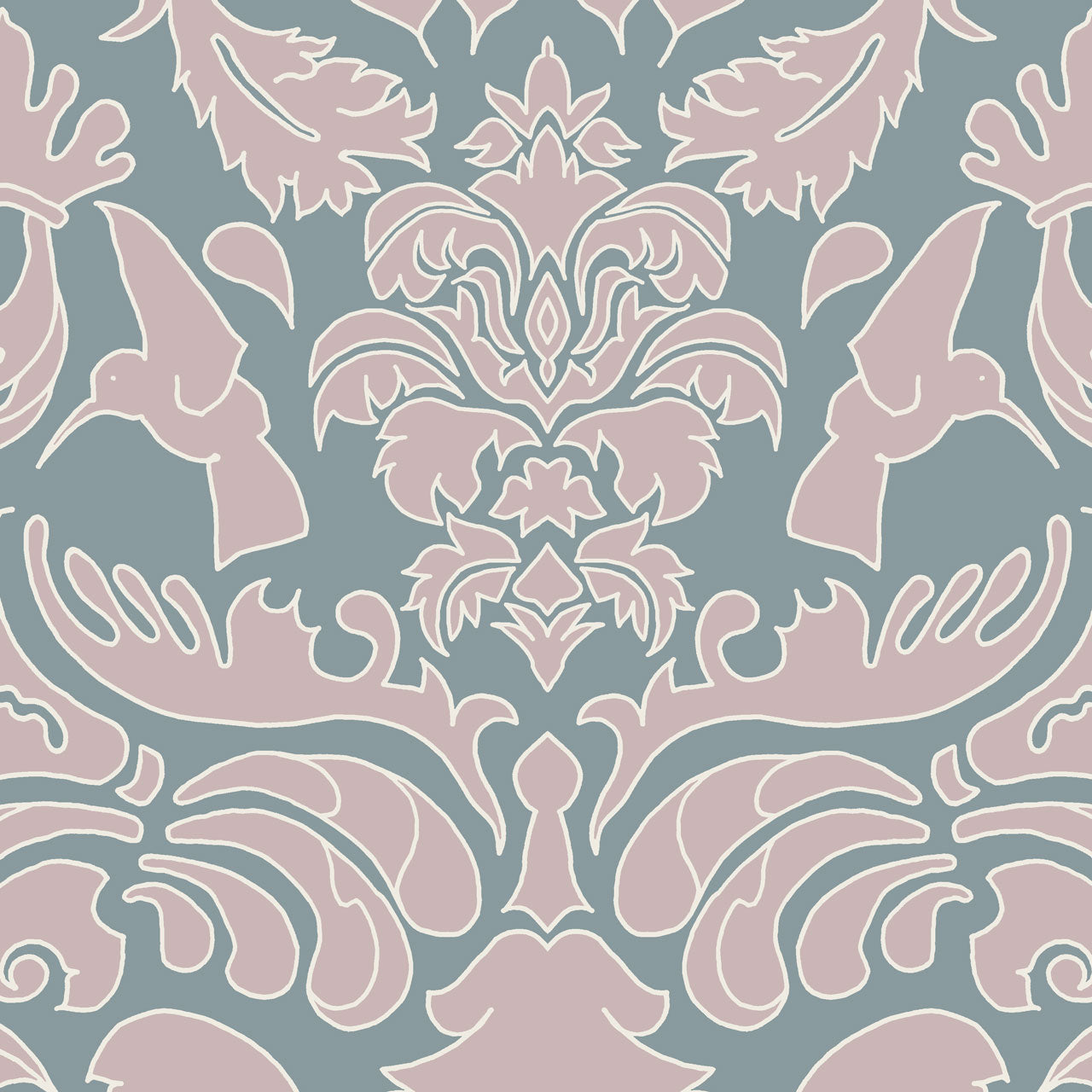 Wallpaper Hummingbird Damask Pink Sage - £37.50 per sq metre