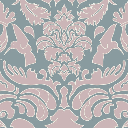 Wallpaper Hummingbird Damask Pink Sage - £37.50 per sq metre