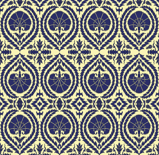 Wallpaper Acanthus and Wreath Blue On Yellow - £37.50 per sq metre