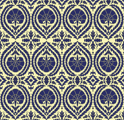 Wallpaper Acanthus and Wreath Blue On Yellow - £37.50 per sq metre