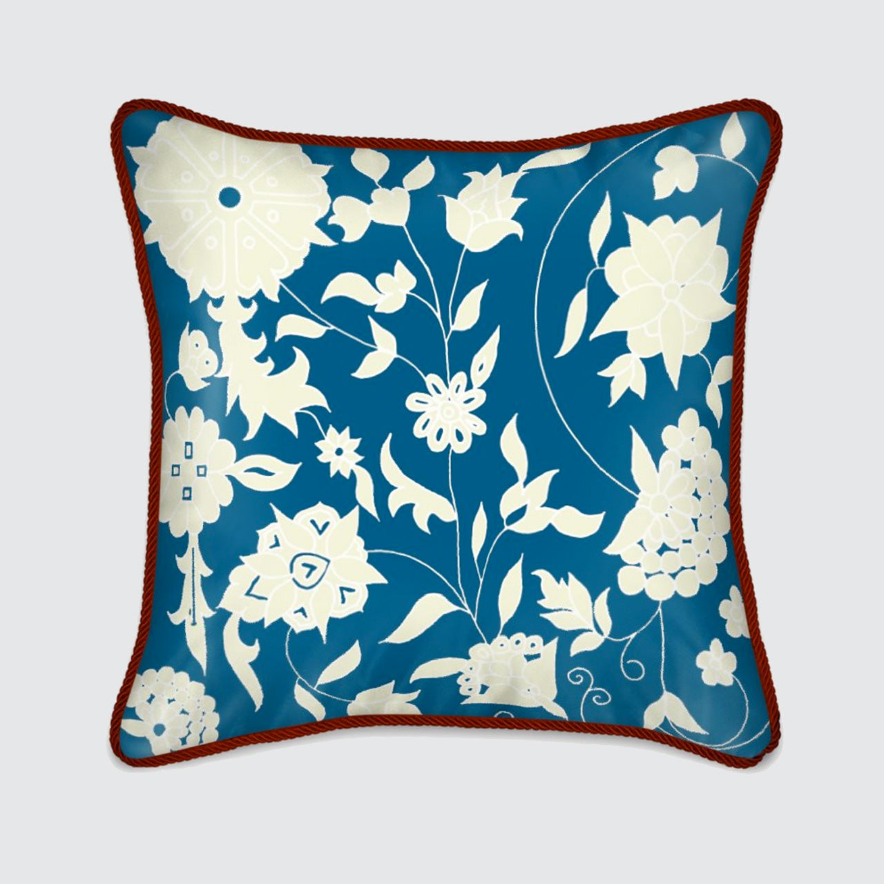 Silk Cushion - Cream Carpet Flowers on Teal