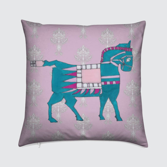Velvet Cushion - Turquoise Horse on Pink
